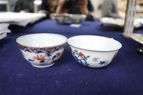 A Chinese enamelled teapot and cover, a Chinese Imari teabowl and another teabowl